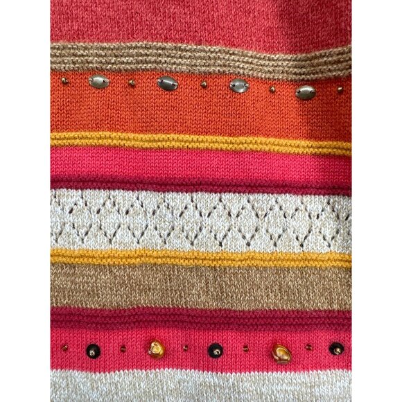 Alfred Dunner Womens Sweater Sz L Orange Striped Beaded Boho Granny Artsy Comfy - Picture 4 of 11